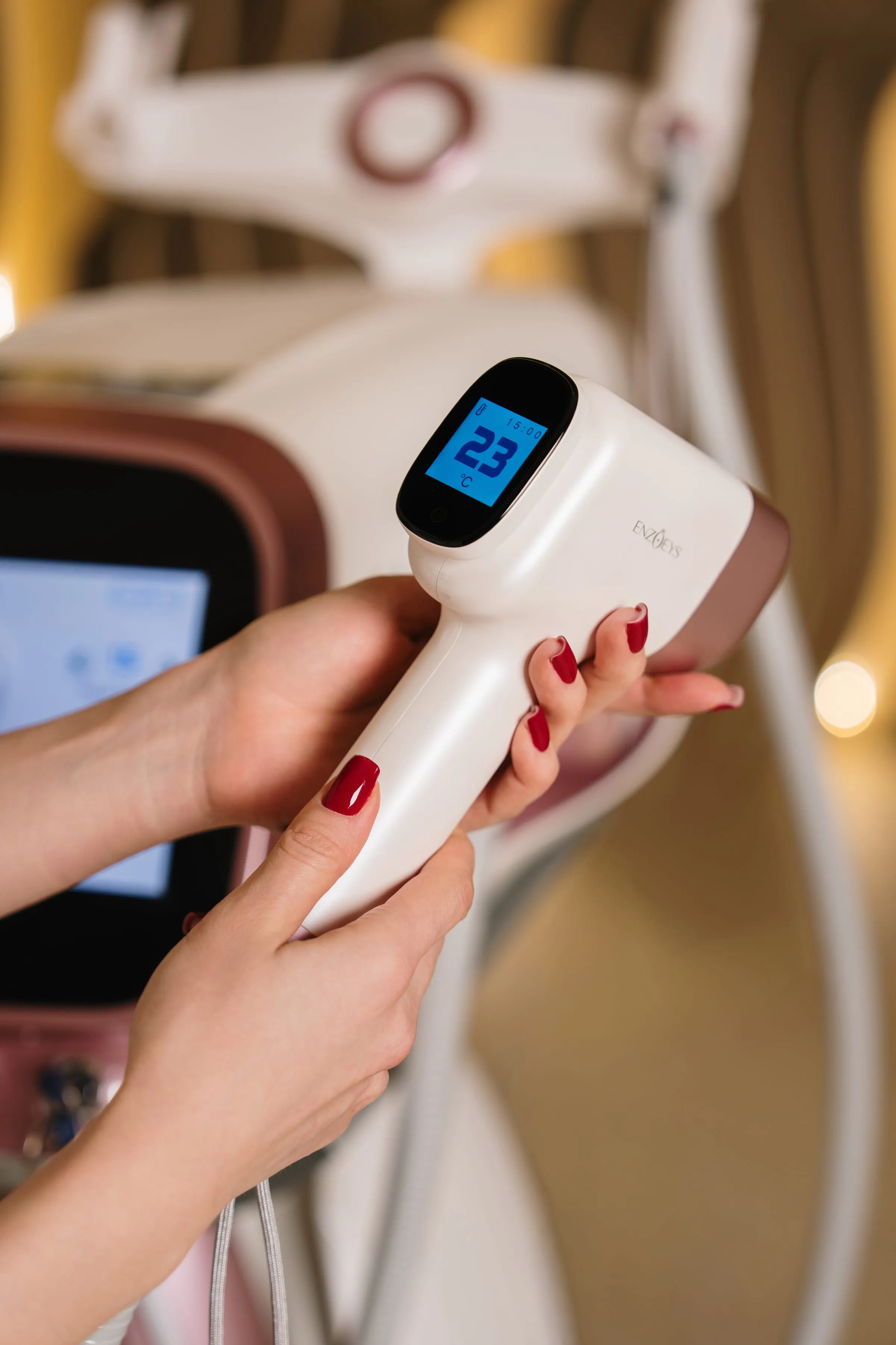 The BBI MULA handpiece with built-in cooling: 23 °C on the display